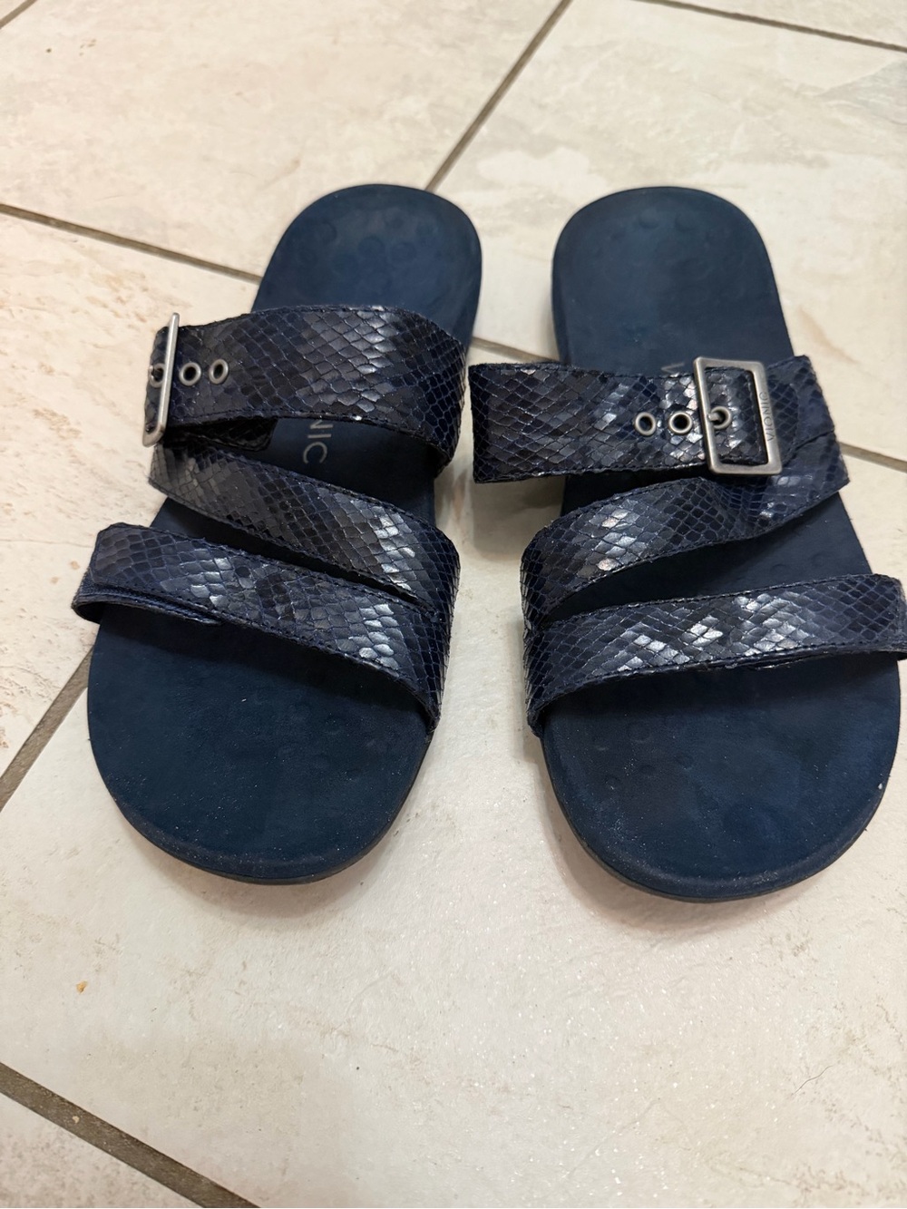 Vionic Navy Snake-Texture Triple Strap Slide Sandals